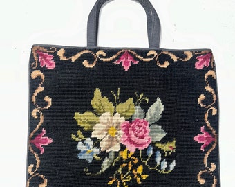 Vintage Fiona New York Black & Floral Needlepoint Tote Bag Purse