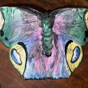 May include: A decorative butterfly-shaped object with a painted design. The wings feature shades of blue, green, and purple, with yellow and black accents. The object is placed on a wooden surface.