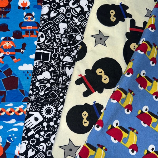 Cotton Spandex Jersey Knit Fabric Stash Builder Assorted Remnants Novelty Vikings Science Ninja Mod Scooters
