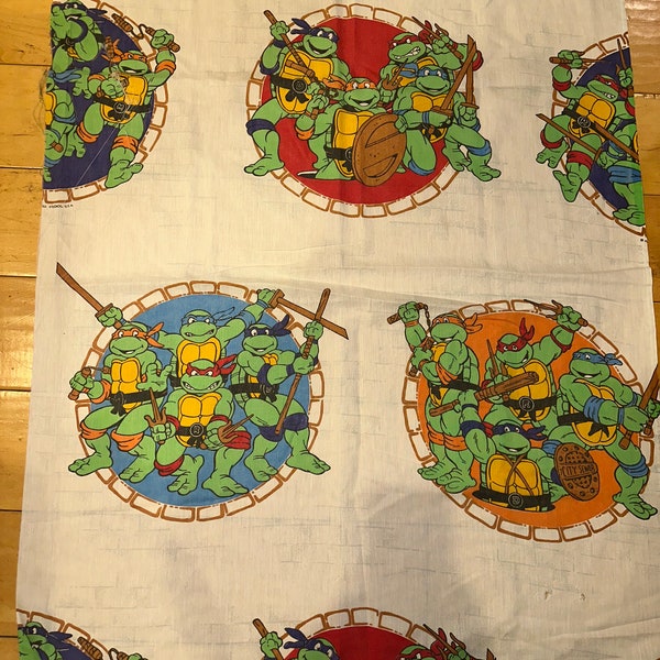 Vintage 90's Partial Bed Sheet Bedding Cutter Scrap Fabric Upcycle Repurpose - Teenage Mutant Ninja Turtles TMNT - 32x42 inches