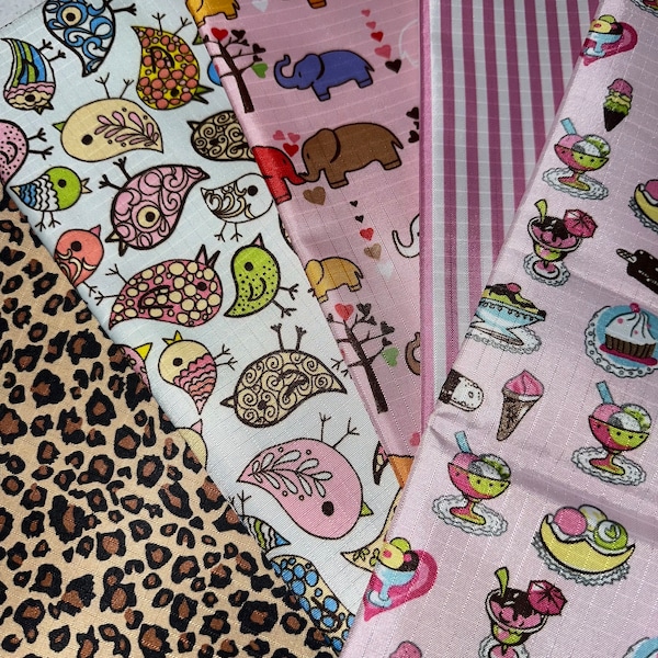 Japanese Import Nylon Ripstop Fabric 18x28 inches Leopard Elephants Birds Cupcakes