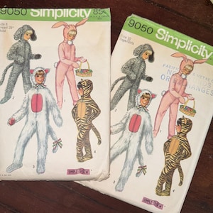 Kids Vintage Sewing Pattern Simplicity 6696 Costume Skeleton Devil Astronaut or 9050 Animal w/ Head Piece Rabbit Dog Cat - Cut Complete