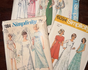 Vintage 60's & 70's Sewing Pattern Simplicity 6094 7084 6671 8091 Misses' Wedding Bride Formal Bridesmaid's Dress Complete with Instructions