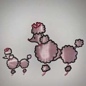 Embroidered Iron On Heat Press or Sew Applique Patch Pink Satin Parisian French Poodle Dog Paris Ooh La La - Large