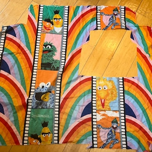 70&#39;s PARTIAL Vintage Sesame Street Bed Sheet Bedding Fabric Repurpose or Upcycle - Big Bird Oscar the Grouch Cookie Monster PBS Public TV