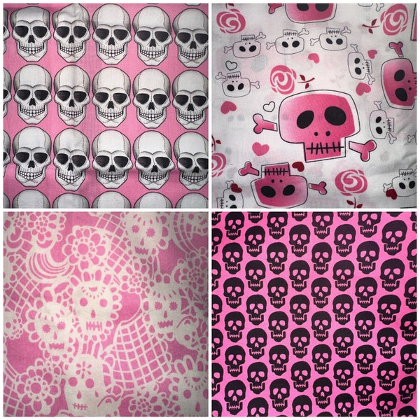 100% Cotton Woven Fabric Fat Quarter FQ 18x22 inches - Skulls Skeletons Pink Girly Quilting Sewing Stash Builder OOP & Hard to Find