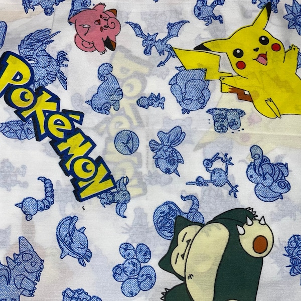 Partial Vintage 90's Pokemon Bed Sheet Bedding Fabric Cutter to Upcycle & Create Something New - Remnant Cut 32x40 inches