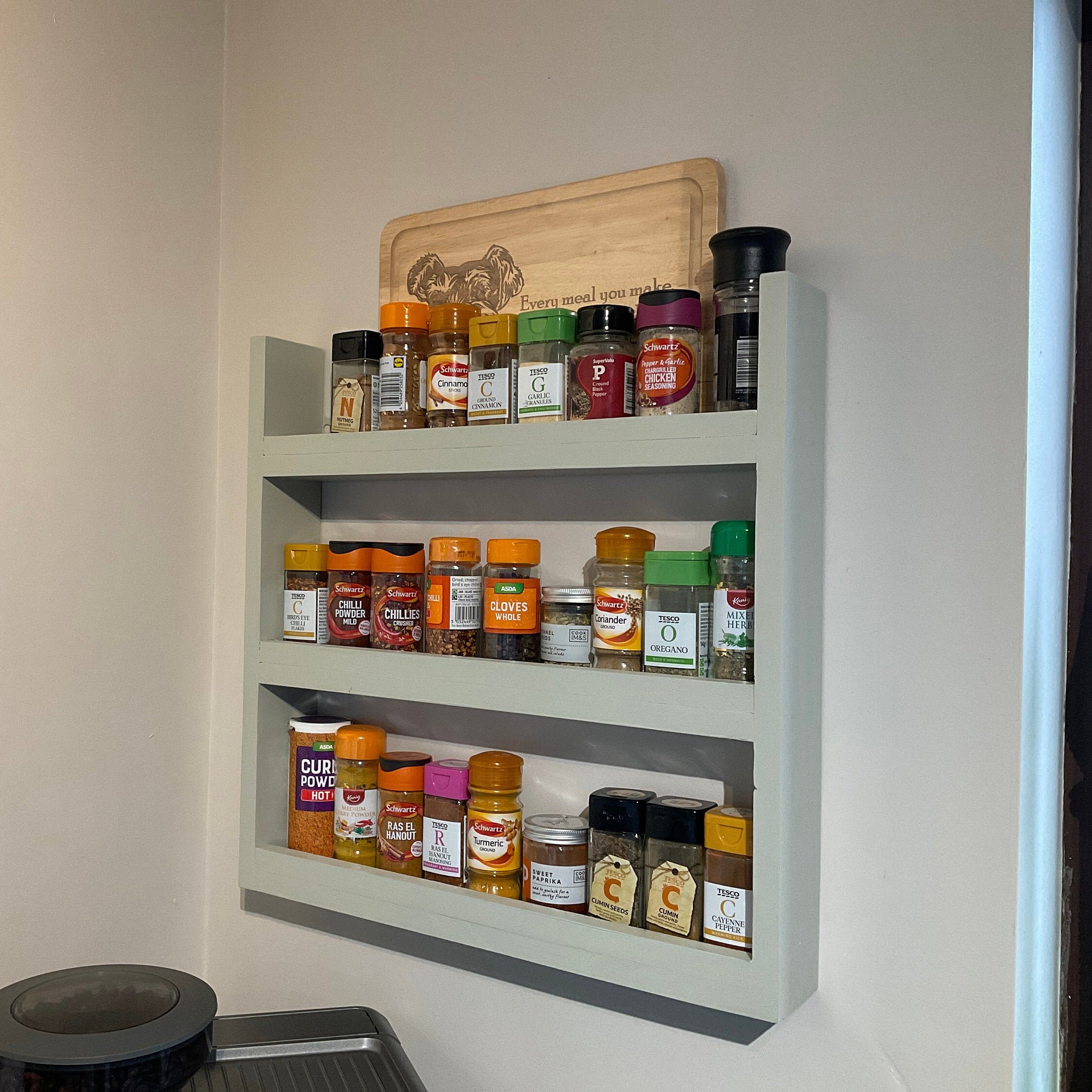 Handmade Wooden Spice Rack Wall Mountable Holds up to 27 Spice Jars. Light Grey. Etsy UK