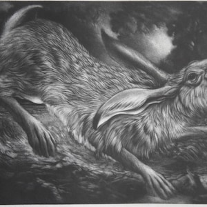 Summer Nocturne- hand printed atmospheric etching/ engraving/ wall art of a hare in a landscape, black ink on paper