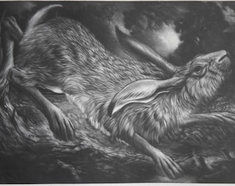 Été Nocturne- gravure atmosphérique imprimée à la main / gravure / art mural d’un lièvre dans un paysage, encre noire sur papier