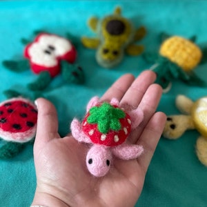 May include: Five felt turtle ornaments with different fruit designs. The turtles are pink, green, and yellow with felt fruit designs of a strawberry, watermelon, apple, pineapple, and lemon.