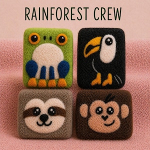 Felted Rainforest soap, exfoliating shea butter bar soap, gift for Sloth lovers, cute practical camper gift, Monkey, Sloth, Frog, Toucan