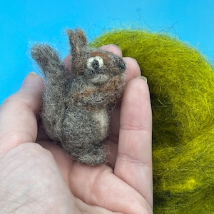 May include: A small, gray and brown needle felted squirrel figurine. The squirrel is curled up in a ball with its tail wrapped around its body. The figurine is being held in a person's hand.