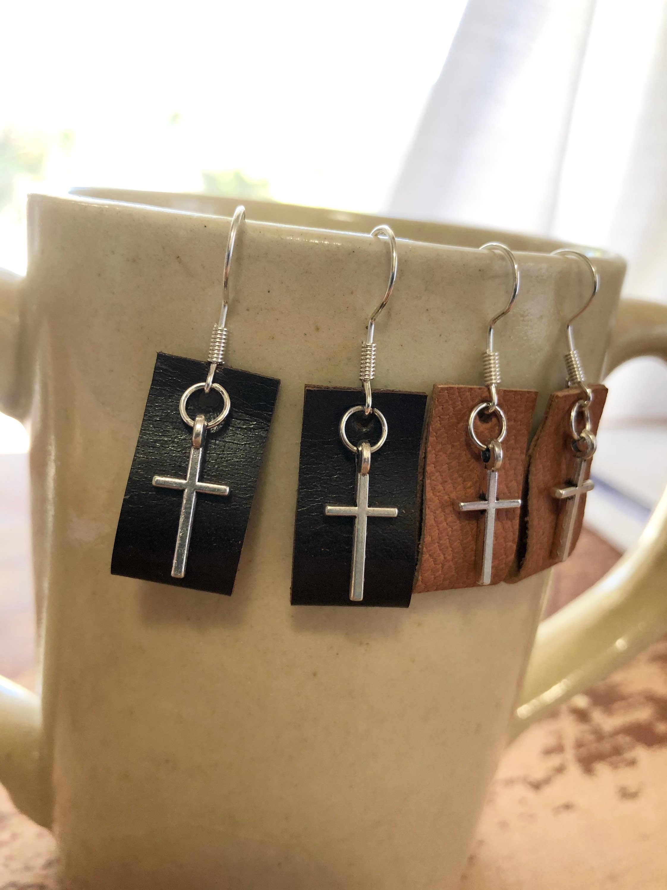 Cross earrings leather cross earrings Christian jewelry Etsy