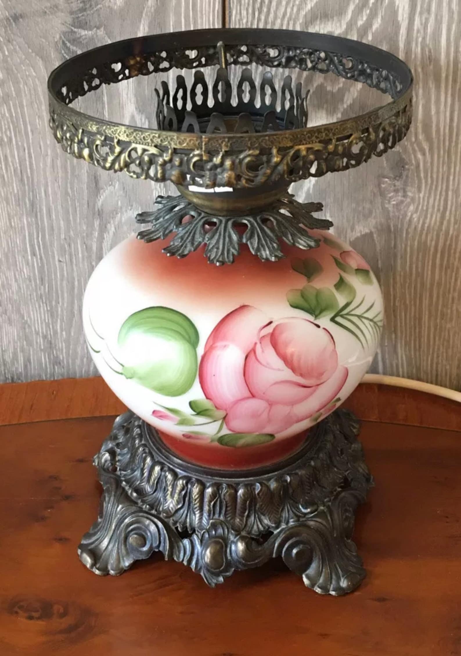 Vintage hurricane lamp with hand painted glass. Victorian Etsy