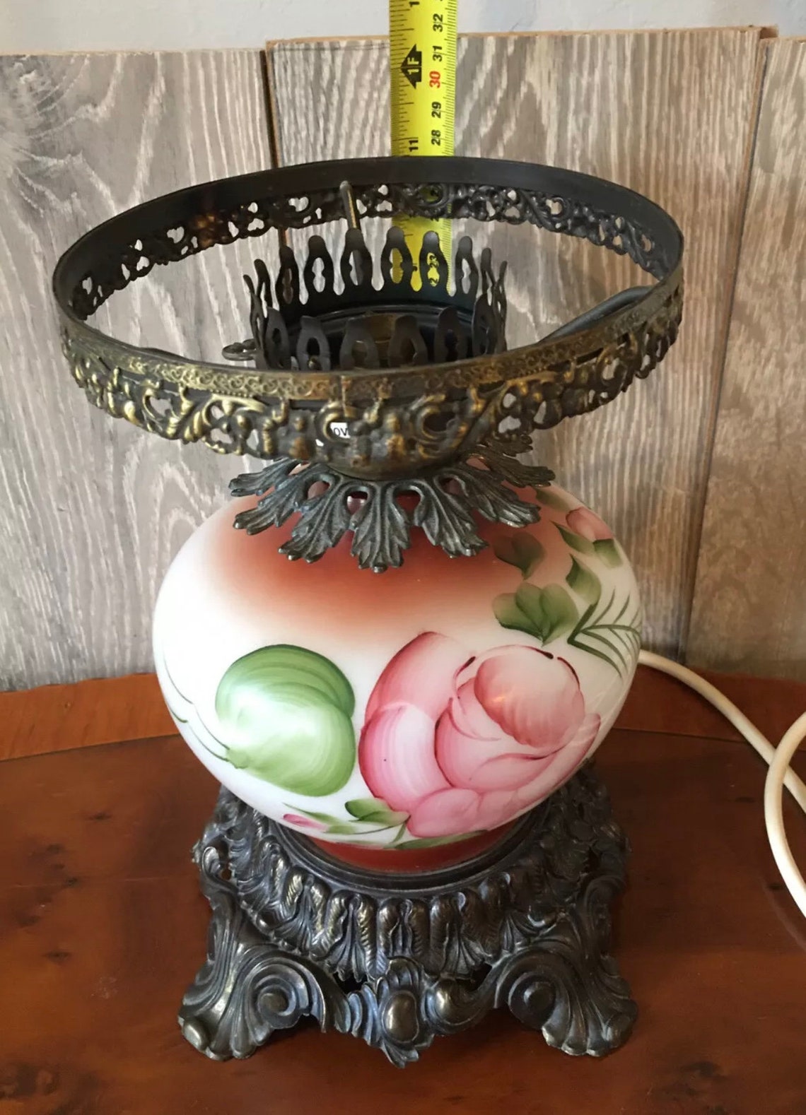 Vintage hurricane lamp with hand painted glass. Victorian Etsy