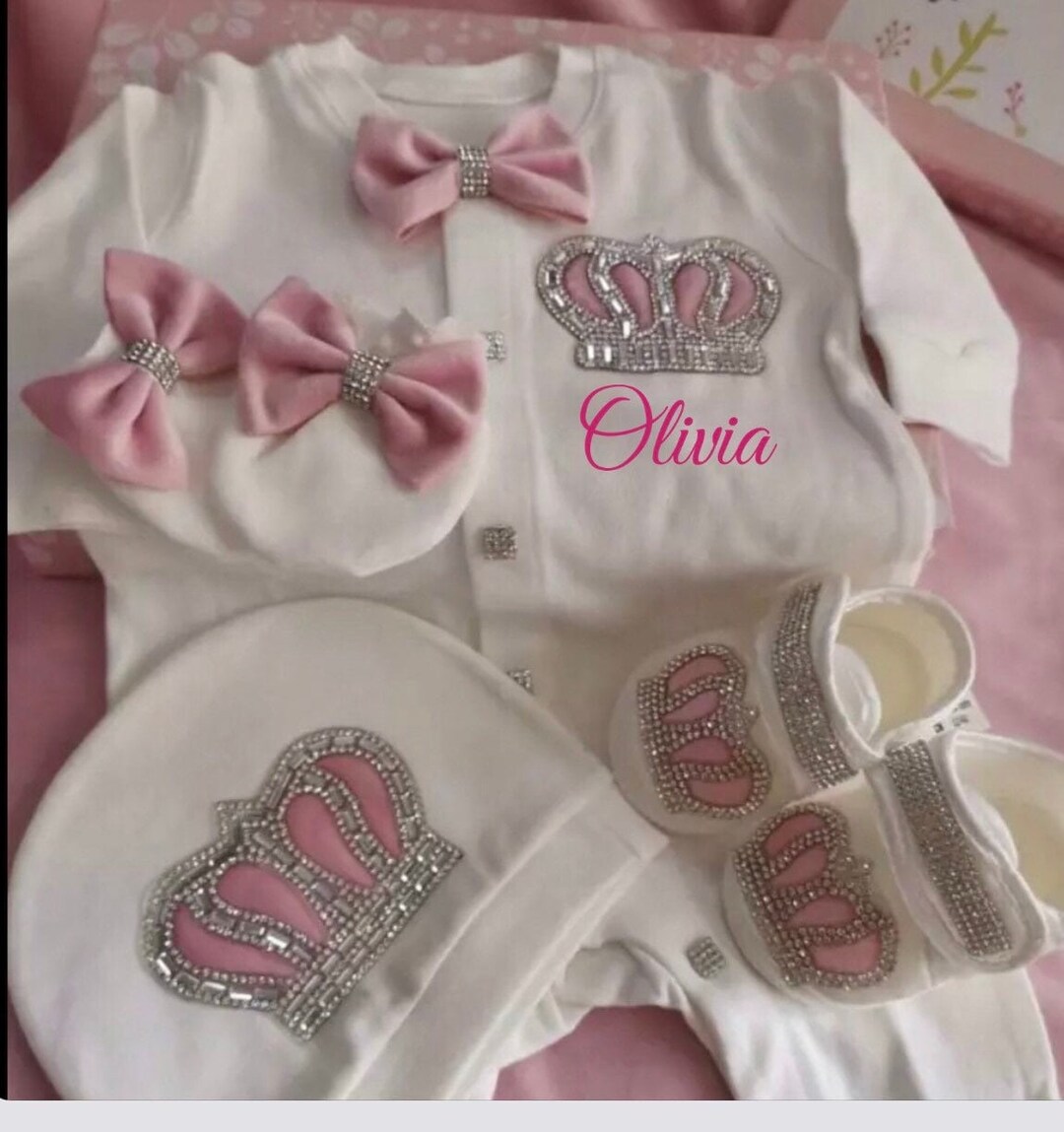 Personalised Baby Girl Outfit Set Rhinestones Crown, Newborn Outfit