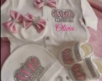Personalised Baby Girl Outfit Set Rhinestones Crown, Newborn Outfit, Coming Home Outfit,Baby Girl,Angel wings baby set, Gender reveal outfit