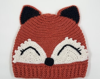 Crochet Fox Beanie: Handmade Wool Animal Hat with Ears