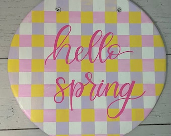 Hello Spring Buffalo Plaid Door Hanger Ready to ship