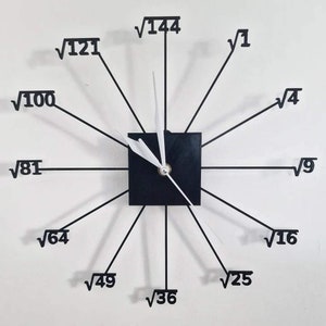 Puede incluir: Reloj de pared cuadrado negro con manecillas blancas y números negros en forma de raíces cuadradas. Los números están dispuestos alrededor de la esfera del reloj, con la raíz cuadrada de 1 en la parte superior y la raíz cuadrada de 144 en la parte superior.