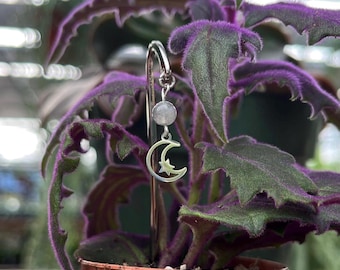 Labradorite + moon silver plant stake/pot hanger/bookmark - celestial garden decor, crystal plant pretties, booktok whimsy, alt plants