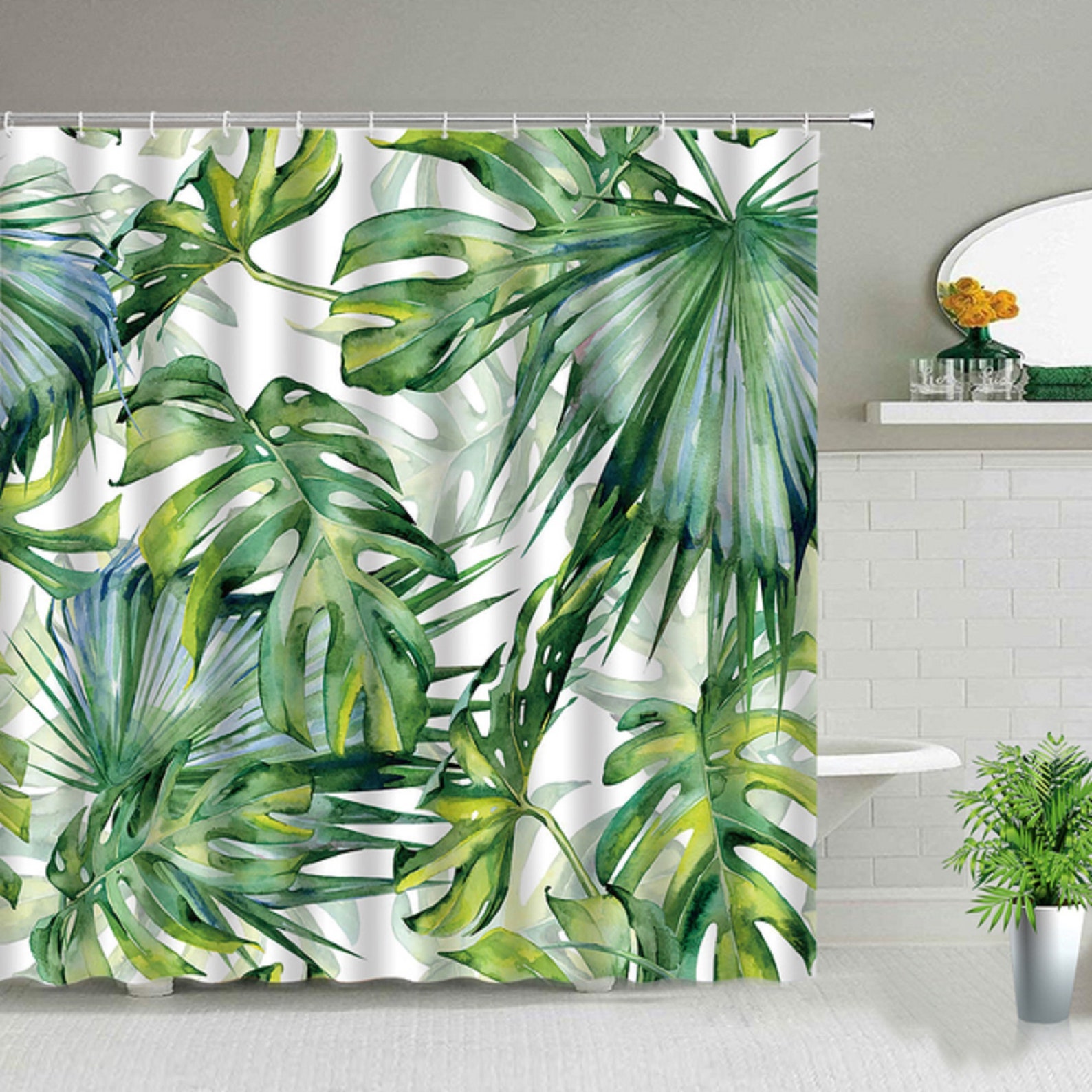 Green Plant Shower Curtain Set Polyester Waterproof Curtains Etsy