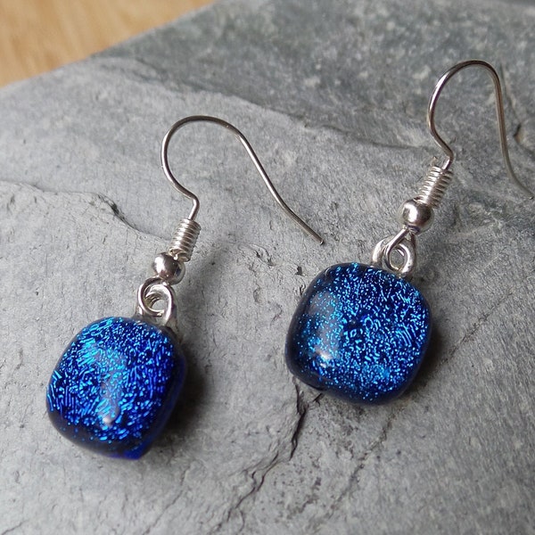 Hand-made sapphire blue sparkling fused glass drop earrings