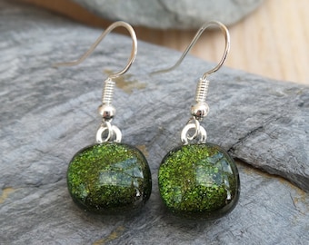 Hand made forest green fused glass drop earrings, made with dichroic glass on silver plate fish hooks