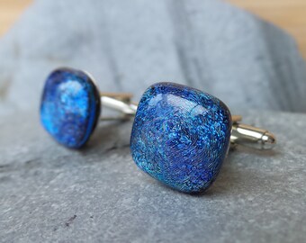 Gift Boxed Handmade Blue Dichroic Glass Cufflinks Stainless Steel Knurl Toggles