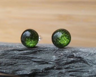 Hand-made forest green sparkling fused glass stud earrings, made using dichroic glass