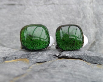 Hand made forest green fused glass clip-on earrings made with dichroic glass