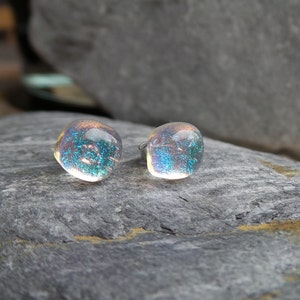 hand made clear glass, iridescent sparkling, fused glass bubble stud earrings