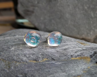 hand made clear glass, iridescent sparkling, fused glass bubble stud earrings