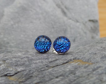 Hand made sapphire blue crackle effect fused glass stud earrings