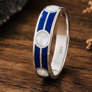 Ring met geometrisch patroon van echte lapis lazuli en parelmoer || Unisex ring met inlegwerk in 925 sterling zilver, alle maten || Minimalistische ring met inlegwerk