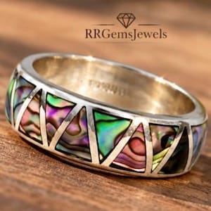 Natural Abalone Shell Triangular Pattern Inlay Signet Ring|| Unisex Inlay Ring in 925 Sterling Silver All Sizes|| Rainbow Inlay Boho Ring