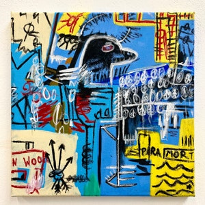 May include: Abstract painting on canvas with a blue background. The painting features a black bird-like figure with red accents, white circles, and black and white lines. The text "PARA MORT" is visible in the lower right corner.