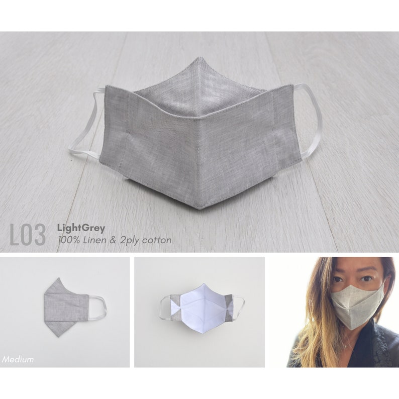 Linen Face Mask Washable, Reusable Face Mask, Cotton Face Mask, Origami 3D Mask Australia, Linen Face Covering 3 Layer, Anti Fog Mask L03 LightGrey