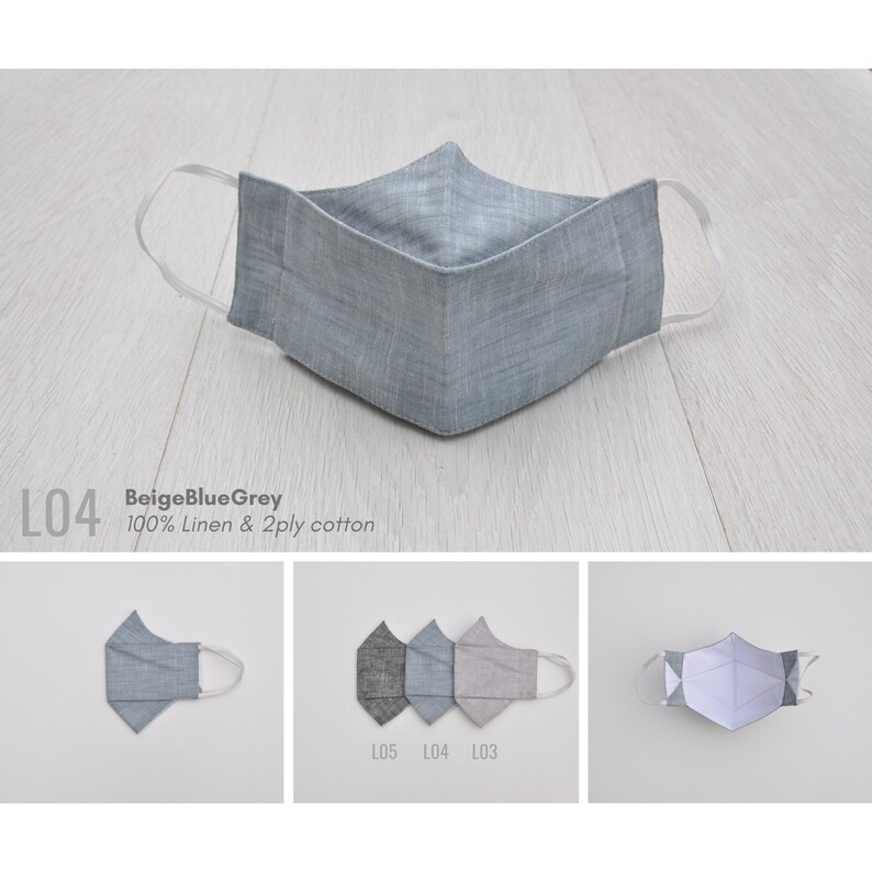 Linen Face Mask Washable, Reusable Face Mask, Cotton Face Mask, Origami 3D Mask Australia, Linen Face Covering 3 Layer, Anti Fog Mask L04 BeigeBlueGrey