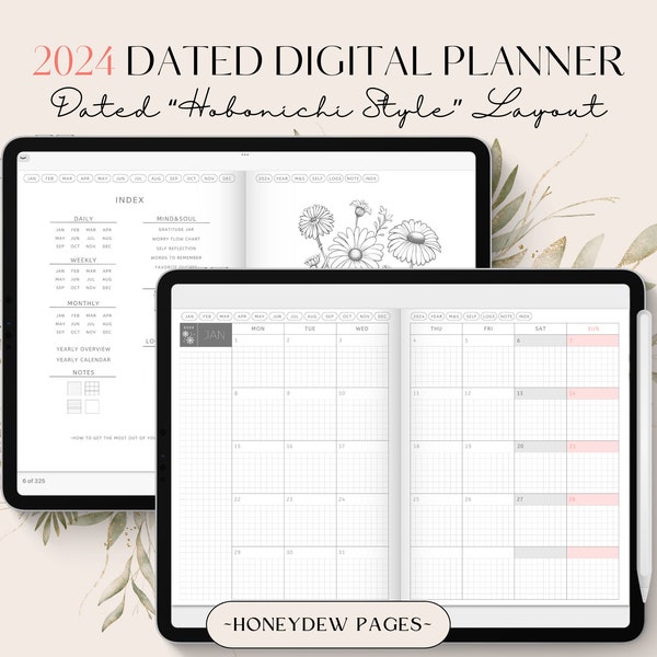 Planificador digital con fecha de 2024 / Planificador digital Hobonichi / Páginas diarias Páginas semanales Anual / Inicio del lunes / Planificador de iPad Goodnotes / Año completo