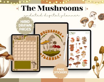 Undated Digital Mushroom Planner, iPad Planner for Goodnotes, Notability, Noteshelf, Daily, Weekly, Digital Stickers Cottagecore Planner