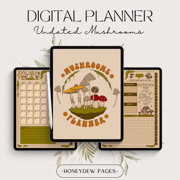 Undated Digital Mushroom Planner | iPad Planner for iPad Goodnotes notability | Daily planner Monthly Planner Yearly | Hand drawn art gift