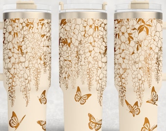 Archivo SVG láser para vaso de 40 oz con diseño de flor de glicina, vaso sin costuras, archivo láser de glicina grabado para proyecto de manualidades con vaso giratorio láser.