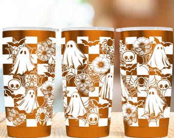 Retro Halloween 20oz & 30oz Tumbler wrap laser SVG Files, Cute Ghost Seamless Tumbler laser Rotary Engraved SVG and PNG Files.
