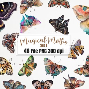 Magische Motten Aquarell Clipart PNG Bundle SET.1 Designs Digitale Illustration.