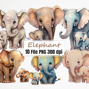 Mãe e bebê elefante, Mãe e bebê elefante aquarela clipart png, pacote de animais dia das mães PNG.