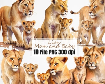 Lion png, Lion Mom and Baby Watercolor Clipart, Animal Mother day PNG Bundle.