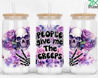People give me the creeps 16oz Libbey Glass Can wrap sublimation, Halloween Libby SEAMLESS Glass Can Design PNG Files