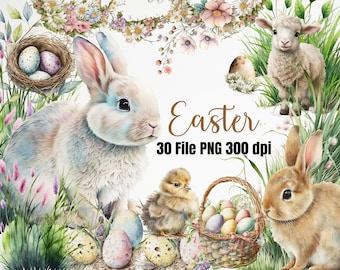 Bundle de cliparts aquarelle de Pâques dessins lapin, lapin, illustration numérique.